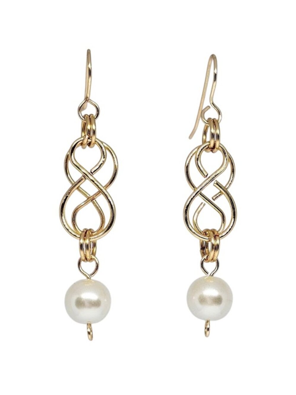 Gold Infinity Figure Eight Pearl Dangle Earrings Boho Elegant Drop Handmade